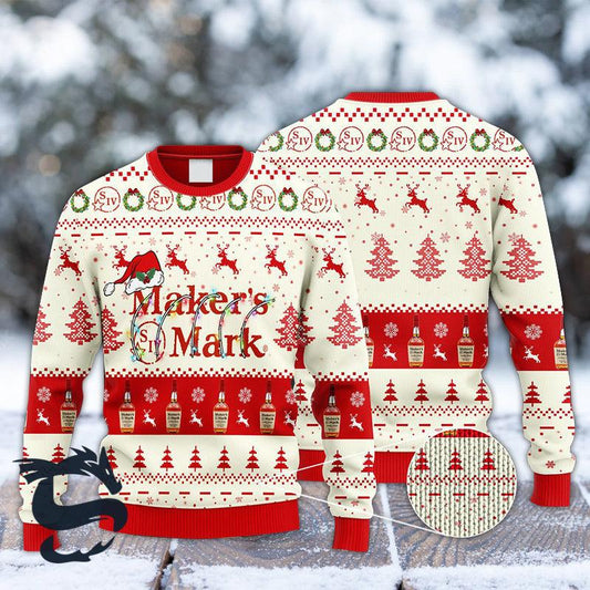 Maker's Mark Whiskey Santa Hat Ugly Christmas Sweater, Maker's Mark Whiskey Reindeer Christmas Ugly Sweater, Maker's Mark Xmas Crew Neck Ugly Sweater