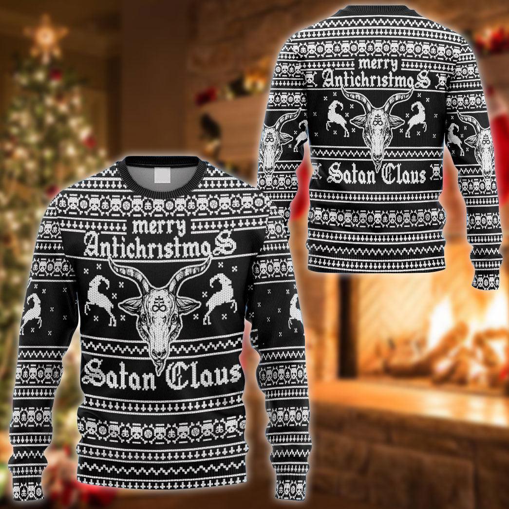 Merry Antichristmas Satan Claus Ugly Sweater, Antichristmas Satanic Black & White Christmas Ugly Sweater, Satanic Xmas Crewneck Knitted Sweaters