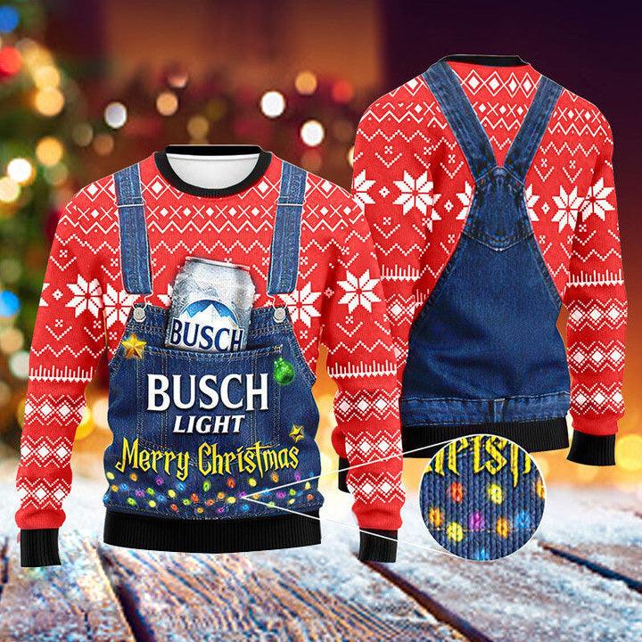 Merry Christmas Busch Light Ugly Christmas Sweater, Busch Light Beer Ugly Sweater, All Over Print Xmas Ugly Sweater, Holiday Crew Neck Ugly Sweater