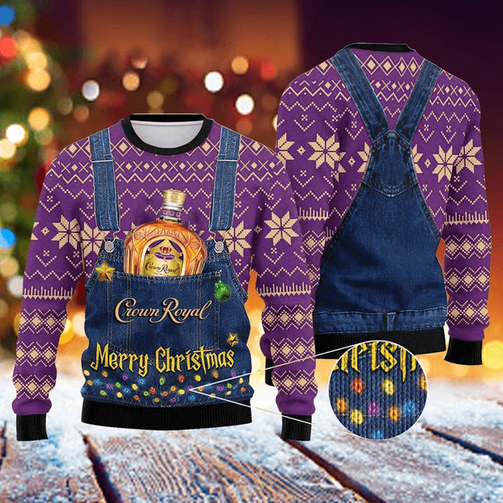 Merry Christmas Crown Royal Purple Ugly Christmas Sweater, Crown Royal Whiskey 3d Printed Ugly Sweater, Crown Royal Crewneck Knittes Ugly Sweater