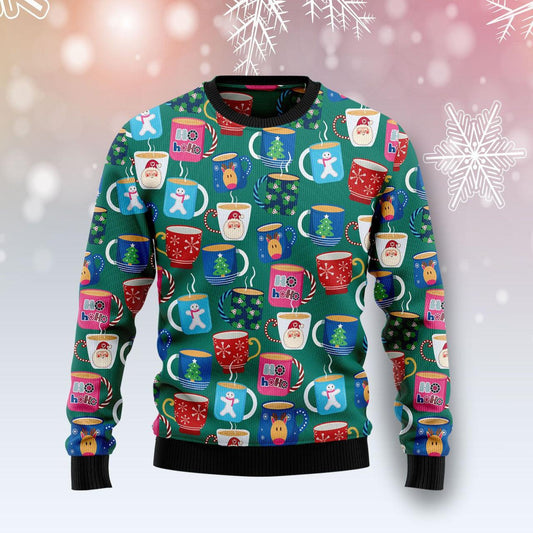 Christmas Hot Chocolate Mug Pattern All-over Printed Ugly Sweater, Ho Ho Ho Christmas Mugs Cheerful Ugly Sweater, Xmas Holiday Crewneck Ugly Sweaters