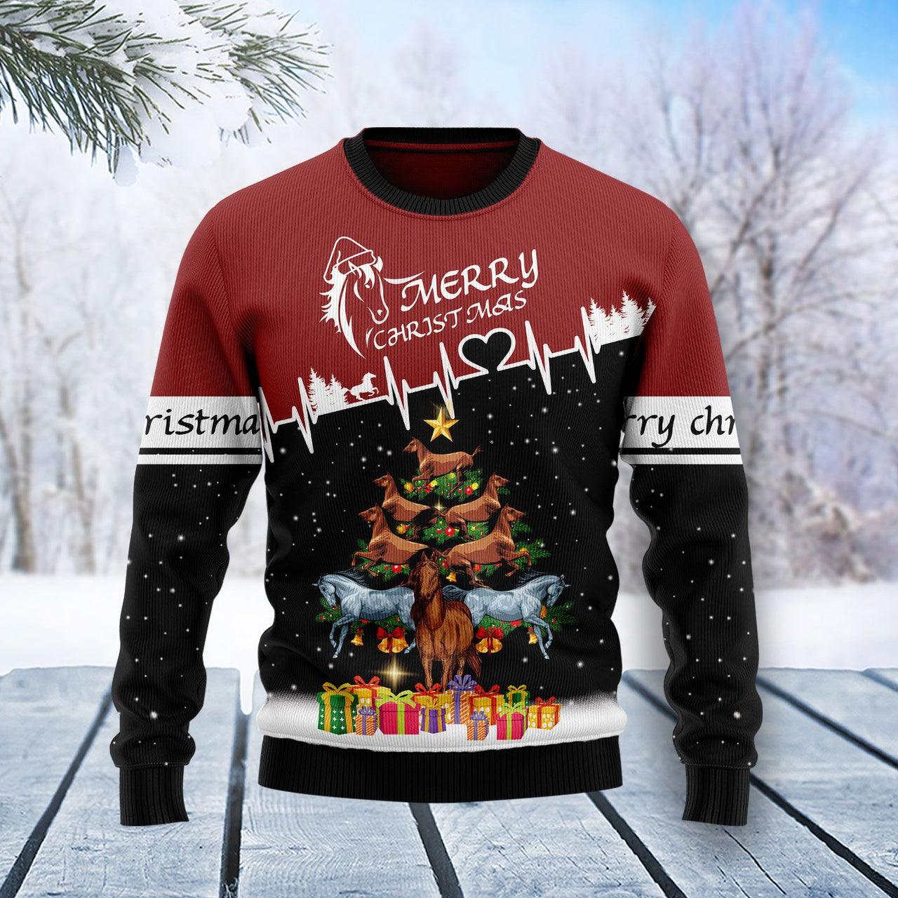 Horse Merry Christmas Heartbeat Ugly Sweater, Horse Christmas Tree All-over Print Ugly Sweater, Horse Lover Xmas Crewneck Knitted Ugly Sweater