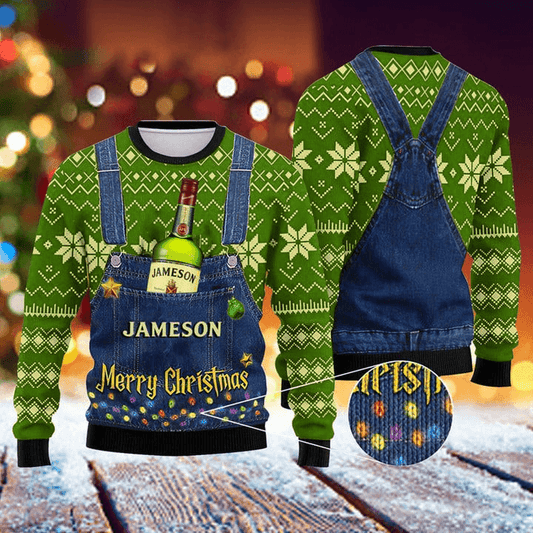 Merry Christmas Jameson Whiskey Ugly Christmas Sweater, Jameson Irish Whiskey Ugly Sweater, All Over Print Christmas Holiday Crew Neck Ugly Sweater