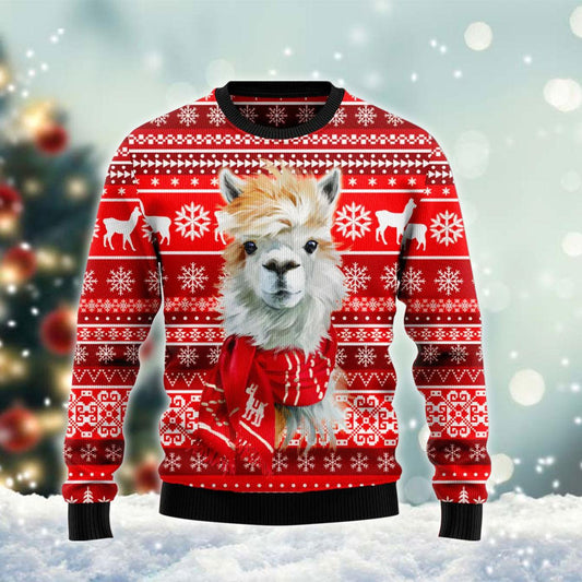 Festive Llama Red Ugly Christmas Sweater, Llama Portrait With Red Scarf Christmas Ugly Sweater, Merry Llamas Christmas Crewneck Knitted Ugly Sweater