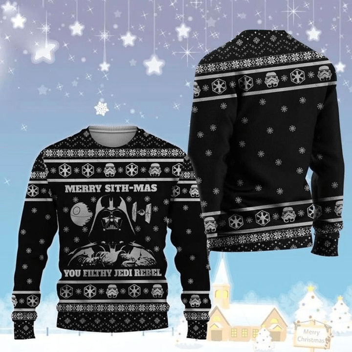 Merry Sith-mas Darth Vader Ugly Christmas Sweater, Star Wars Santa Dark Vader Black Ugly Sweater, All Over Print Holiday Crew Neck Ugly Sweater