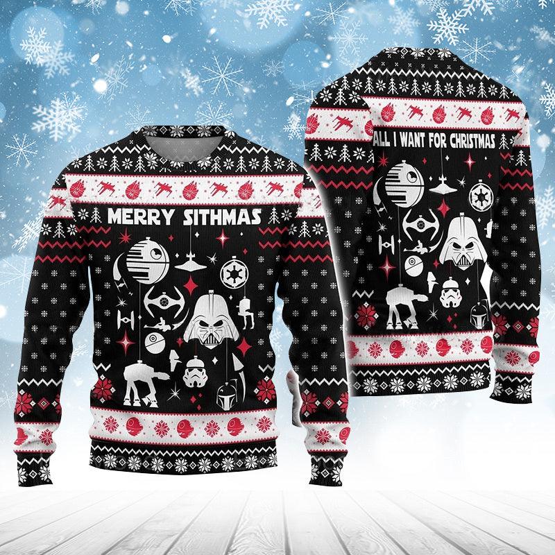 Star Wars Merry Sithmas Darth Vader Ugly Christmas Sweater, Darth Vader Snow Black White Ugly Sweater, Star Wars Crewneck Knitted Ugly Sweater