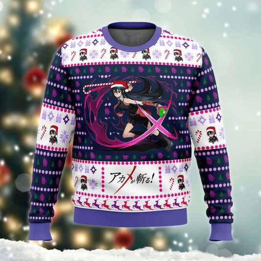 Akame Ga Kill Akame Attack Ugly Christmas Sweater, Akame Anime Purple Christmas Ugly Sweater, Akame Attack Aop Crewneck Knitted Ugly Sweater