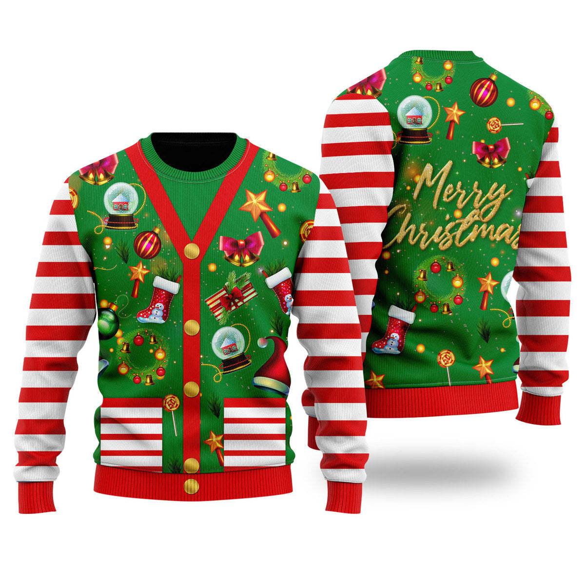 Christmas Icons All-over Print Candy Cane Green Ugly Sweater, Funny Christmas Fake Cardigan 3d Ugly Sweater, Xmas Crewneck Knitted Ugly Sweater