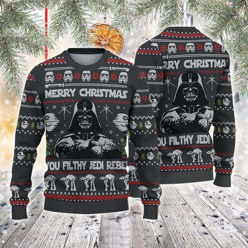 Merry Xmas You Filthy Jedi Rebel Darth Vader Ugly Christmas Sweater, Star Wars Darth Vader Ugly Sweater, Darth Vader Black Crew Neck Ugly Sweaters