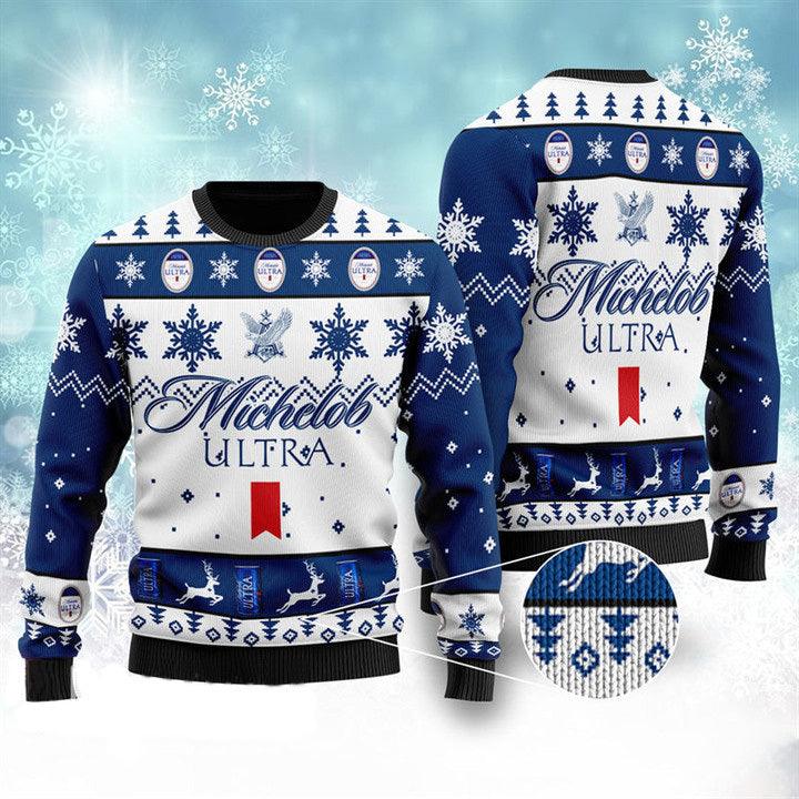 Michelob Ultra Beer Ugly Christmas Sweater, Michelob Ultra Ugly Sweater, All Over Print Christmas Ugly Sweater, Holiday Crew Neck Ugly Sweater