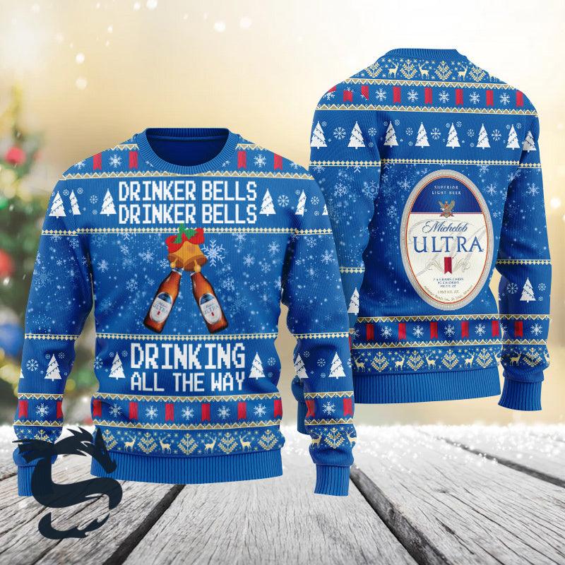 Michelob Ultra Drinker Bells Drinking All The Way Ugly Sweater, Michelob Ultra Beer Christmas Ugly Sweater,michelob Ultra Xmas Crew Neck Sweater