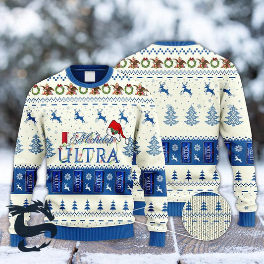 Michelob Ultra Santa Hat Ugly Christmas Sweater, Michelob Ultra Beer Reindeer Snowy Xmas Ugly Sweater, Michelob Ultra Xmas Crew Neck Ugly Sweater