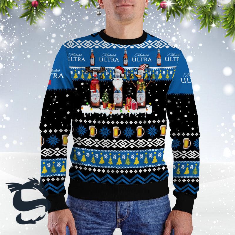 Michelob Ultra Santa Reindeer Snowflake Christmas Ugly Sweater, Michelob Ultra Beer Christmas Ugly Sweater,michelob Ultra Beer Crew Neck Sweater