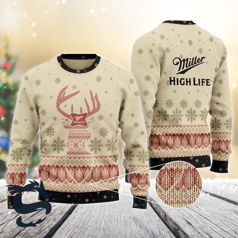 Miller High Life Reindeer Snowy Ugly Christmas Sweater, Miller High Life Beer Christmas Ugly Sweater, Miller High Life Xmas Crew Neck Ugly Sweater