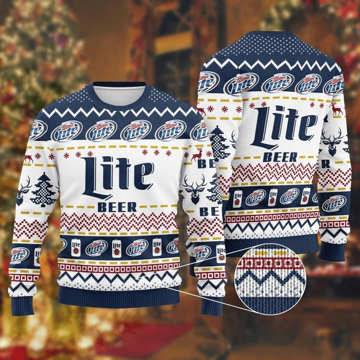 Miller Lite Beer Ugly Christmas Sweater, Miller Lite Beer Ugly Sweater, All Over Printed Christmas Ugly Sweater, Holiday Crew Neck Ugly Sweater