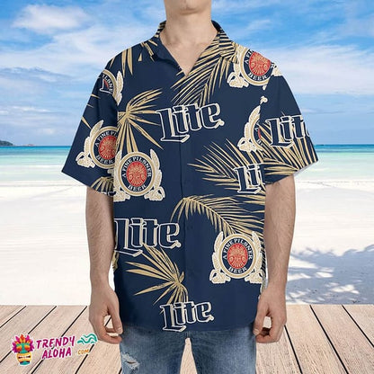 Miller Lite Palm Leaves Pattern Hawaiian Shirt, Miller Lite Beer Aloha Summer Beach Shirt, Miller Lite Beer Tropical Button Down Hawaiian Shirt
