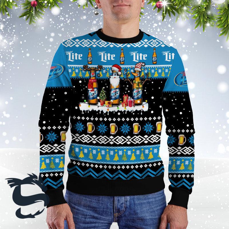 Miller Lite Santa Reindeer Snowflake Ugly Christmas Sweater, Miller Lite Beer Christmas Ugly Sweater,miller Lite Beer Lover Xmas Crewneck Ugly Sweater