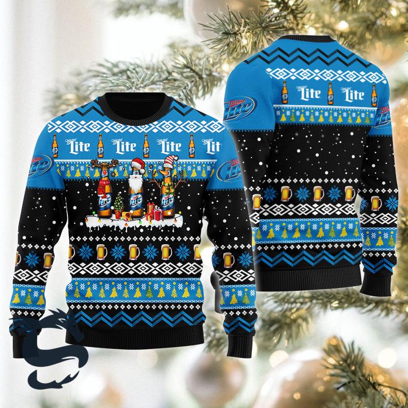 Miller Lite Santa Reindeer Snowflake Ugly Christmas Sweater, Miller Lite Beer Christmas Ugly Sweater,miller Lite Beer Lover Xmas Crewneck Ugly Sweater