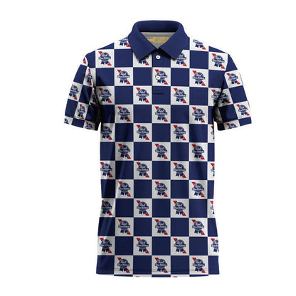 Gingham Pabst Blue Ribbon Polo Shirt, Pabst Blue Ribbon Beer Logo All Over Print Polo Shirt, Pabst Blue Ribbon Gingham 3d Men's Polo Shirts