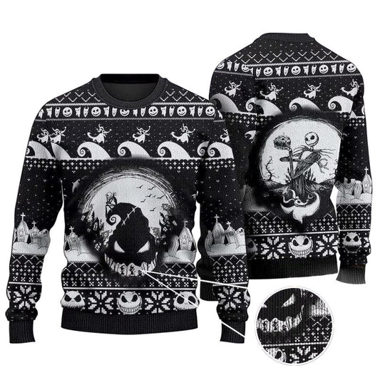 Oogie Boogie Jack Skellington Ugly Christmas Sweater, Horror Nightmare Jack Skellington Ugly Sweater, Jack Skellington Black Crew Neck Ugly Sweaters