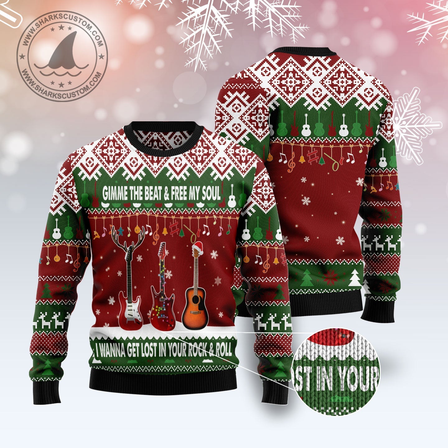 Guitar Gimme The Beat Ugly Christmas Sweater, Rock & Roll Guitar All-over Print Ugly Sweater, Xmas Guitar Lovers Crewneck Knitted Ugly Sweater