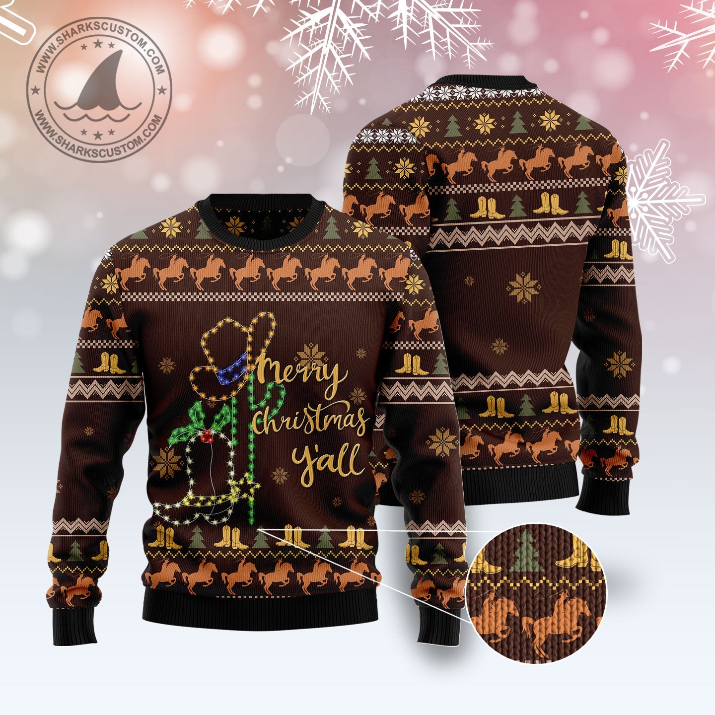 Cowboy Boots Merry Christmas Y'all Ugly Sweater, Western Cowboy Vintage All-over Printed Ugly Sweater, Cowboy Xmas Crewneck Knitted Ugly Sweater