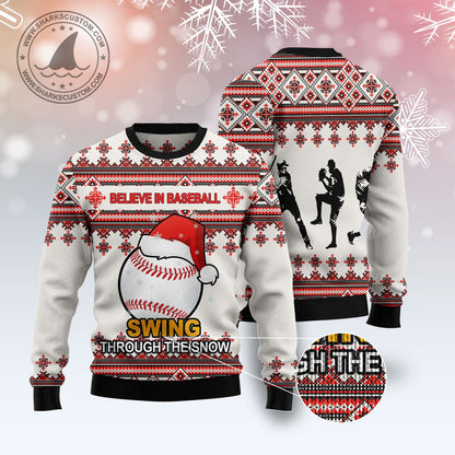 Believe Baseball Santa Hat Ugly Christmas Sweater, Baseball Swing Through The Snow Christmas Ugly Sweater, Baseball Xmas Knitted Ugly Sweater