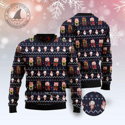 Cute Pigs And Snowman All-over Print Ugly Christmas Sweater, Christmas Pigs Pattern Knitted Ugly Sweater, Pig Lover Xmas Crewneck Ugly Sweater