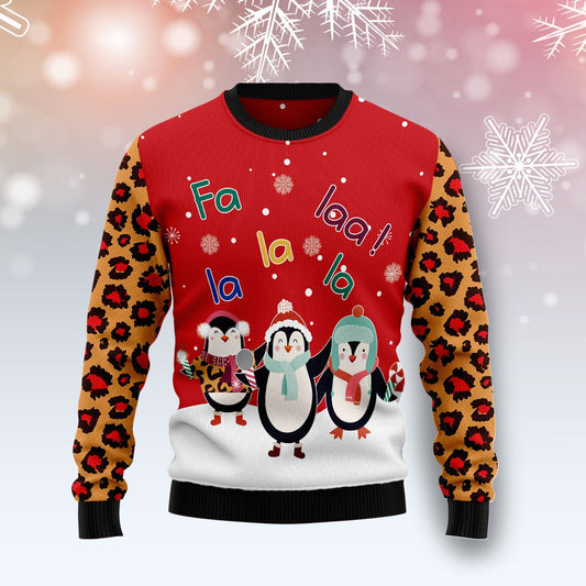 Fa La La Penguin Ugly Christmas Sweaters, Penguin In Snow All-over Printed Ugly Sweater, Christmas Penguin Crewneck Knitted Ugly Sweater