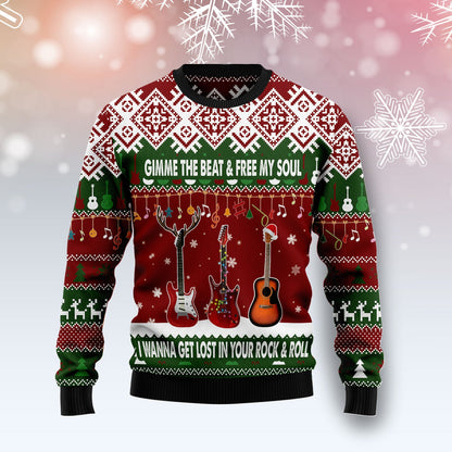 Guitar Gimme The Beat Ugly Christmas Sweater, Rock & Roll Guitar All-over Print Ugly Sweater, Xmas Guitar Lovers Crewneck Knitted Ugly Sweater