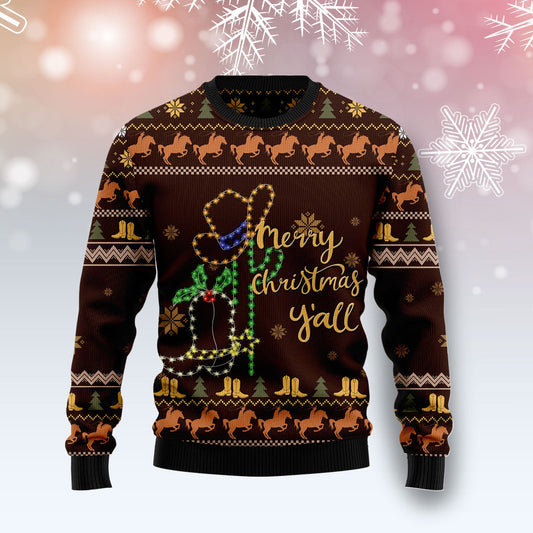 Cowboy Boots Merry Christmas Y'all Ugly Sweater, Western Cowboy Vintage All-over Printed Ugly Sweater, Cowboy Xmas Crewneck Knitted Ugly Sweater