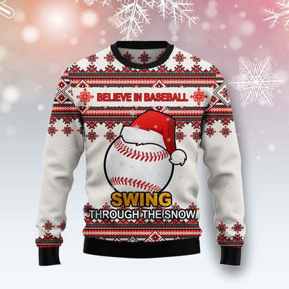 Believe Baseball Santa Hat Ugly Christmas Sweater, Baseball Swing Through The Snow Christmas Ugly Sweater, Baseball Xmas Knitted Ugly Sweater
