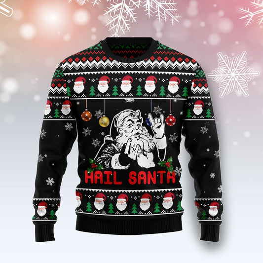 Santa Claus Hail Santa Ugly Christmas Sweater, Santa Claus Snowflakes Black Christmas Ugly Sweater, Christmas Holiday Crewneck Knitted Ugly Sweater