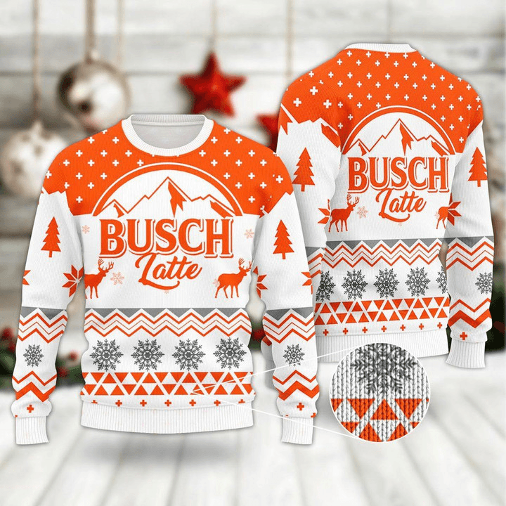Busch Latte Mountain Logo Ugly Christmas Sweater, Busch Latte Snowflakes Printed Orange Ugly Sweater, Busch Latte Crewneck Knitted Ugly Sweater