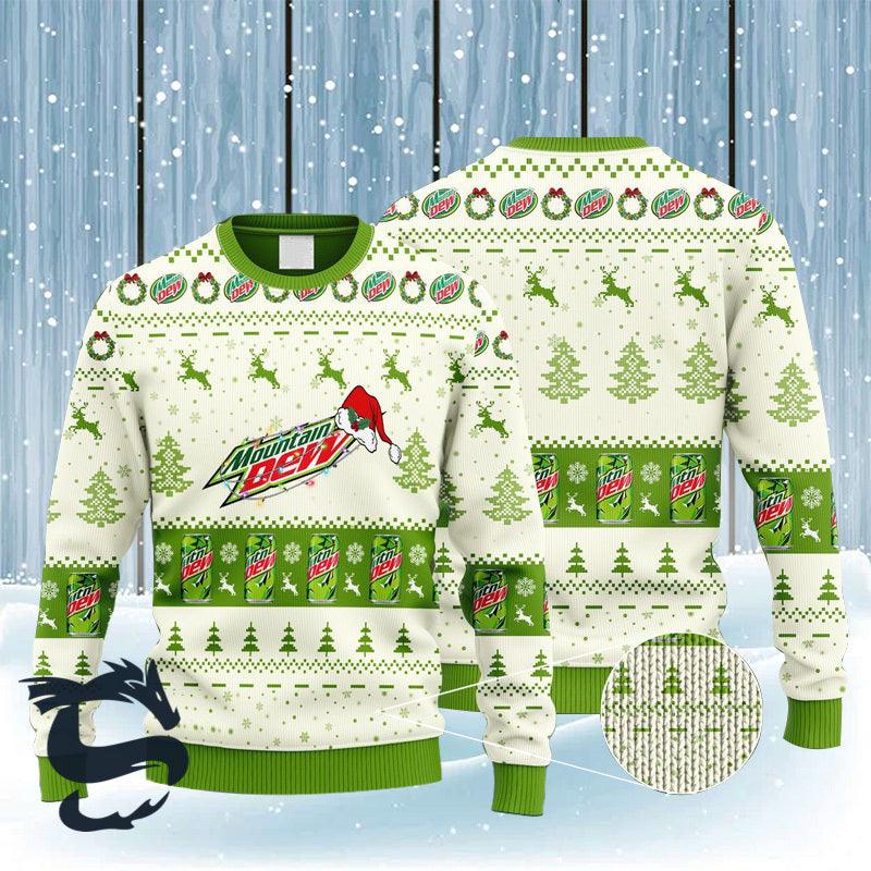 Christmas Lights Mountain Dew Santa Hat Ugly Sweater, Mountain Dew Reindeer Snowy Christmas Ugly Sweater, Mountain Dew Aop Crewneck Ugly Sweater