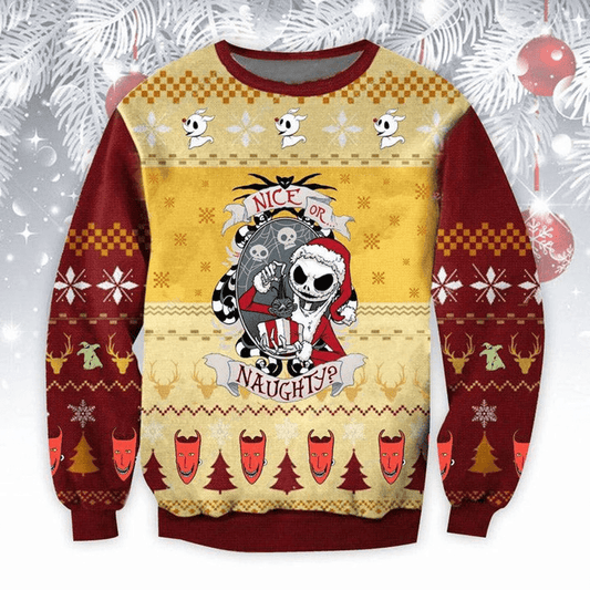 Nice Or Naughty Santa Jack Skellington Christmas Ugly Sweater, Jack Skellington Santa Ugly Xmas Sweater, Jack And Zero Xmas Crew Neck Ugly Sweater