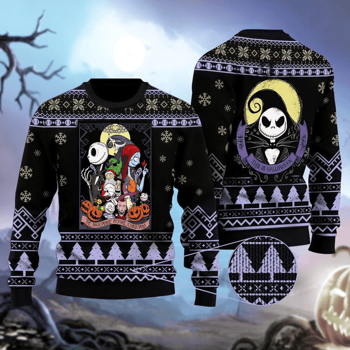 Jack Skellington Zero Sally Nightmare Before Christmas Ugly Sweater, Jack Skellington Family Black Ugly Sweater, Horror Holiday Crewneck Ugly Sweater