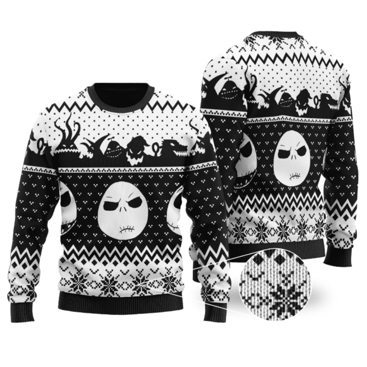 Black & White Nightmare Before Christmas Ugly Sweater, Jack Skellington Face Ugly Christmas Sweater, Horror Holiday Crew Neck Knitted Ugly Sweater
