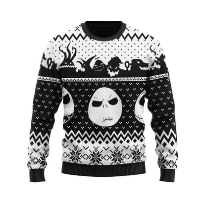 Black & White Nightmare Before Christmas Ugly Sweater, Jack Skellington Face Ugly Christmas Sweater, Horror Holiday Crew Neck Knitted Ugly Sweater