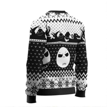 Black & White Nightmare Before Christmas Ugly Sweater, Jack Skellington Face Ugly Christmas Sweater, Horror Holiday Crew Neck Knitted Ugly Sweater
