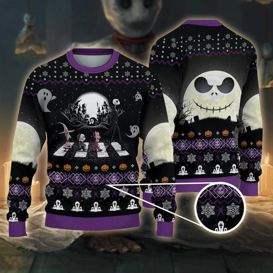 Nightmare Before Christmas Abbey Road Ugly Sweater, Jack Skellington Halloween Road Black Purple Ugly Sweater, Nightmare Xmas Knitted Ugly Sweater