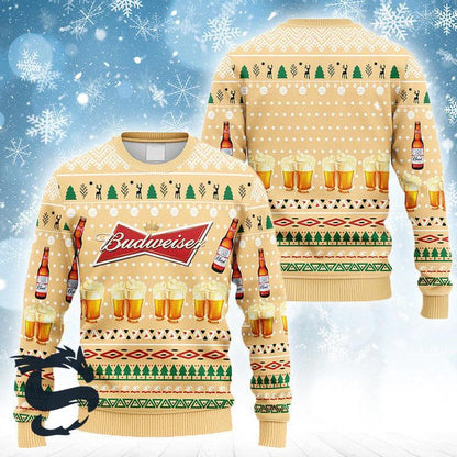 Novelty Budweiser Logo Printed Christmas Ugly Sweater, Budweiser Beer Yellow Ugly Xmas Sweater, Budweiser Beer Xmas Crewneck Knitted Ugly Sweater