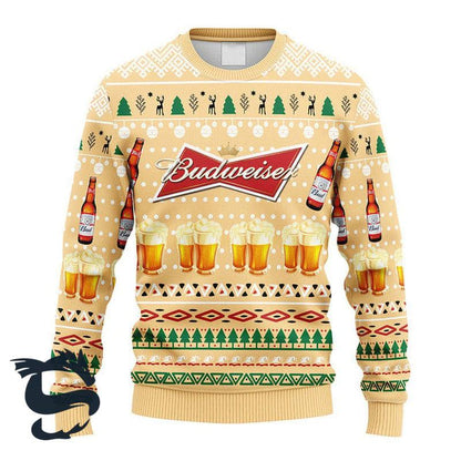 Novelty Budweiser Logo Printed Christmas Ugly Sweater, Budweiser Beer Yellow Ugly Xmas Sweater, Budweiser Beer Xmas Crewneck Knitted Ugly Sweater