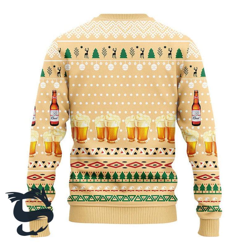 Novelty Budweiser Logo Printed Christmas Ugly Sweater, Budweiser Beer Yellow Ugly Xmas Sweater, Budweiser Beer Xmas Crewneck Knitted Ugly Sweater