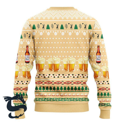 Novelty Budweiser Logo Printed Christmas Ugly Sweater, Budweiser Beer Yellow Ugly Xmas Sweater, Budweiser Beer Xmas Crewneck Knitted Ugly Sweater