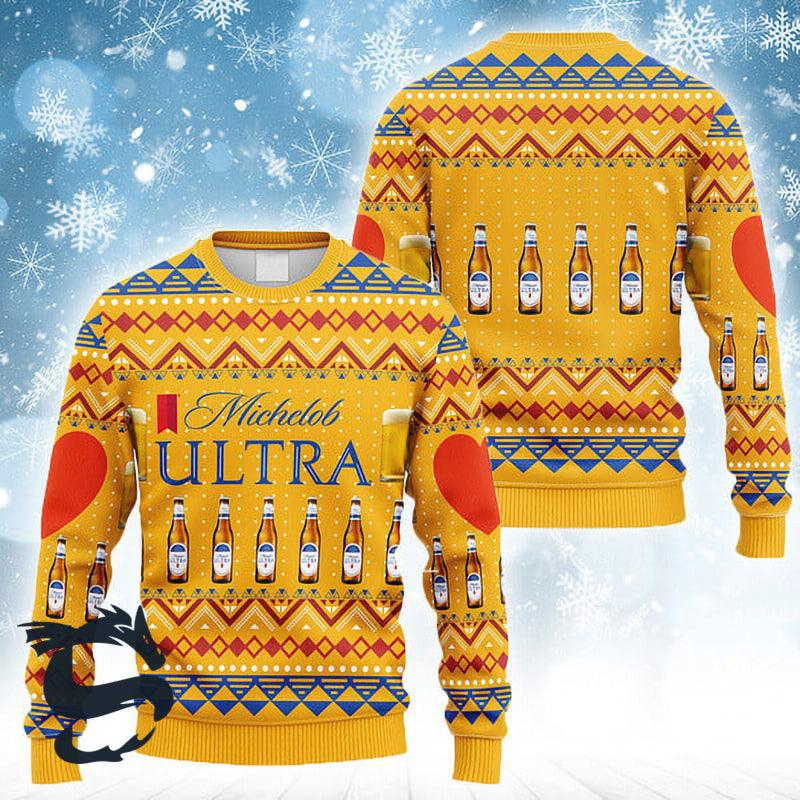 Novelty Michelob Ultra Christmas Ugly Sweater, Michelob Ultra All-over Print Yellow Ugly Sweater, Michelob Ultra Crewneck Knitted Ugly Sweater