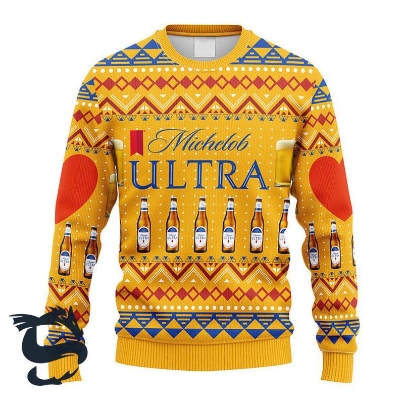 Novelty Michelob Ultra Christmas Ugly Sweater, Michelob Ultra All-over Print Yellow Ugly Sweater, Michelob Ultra Crewneck Knitted Ugly Sweater