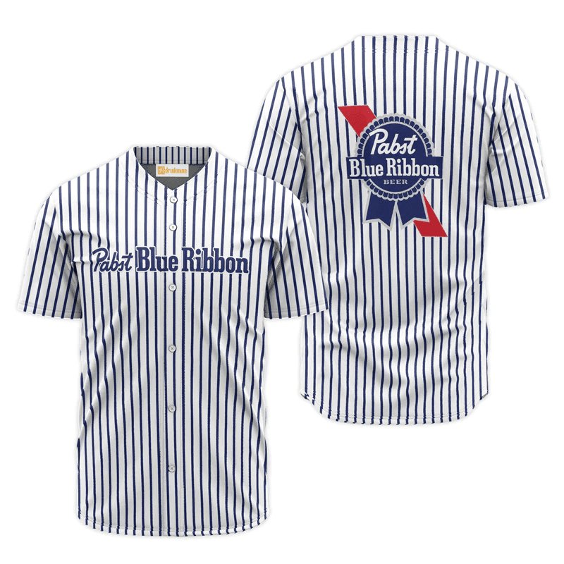 Pabst Blue Ribbon Blue And White Striped Baseball Jersey Shirts, Pabst Blue Ribbon Striped Baseball Jersey, Pbr Beer Unisex Baseball Jersey
