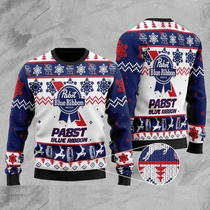 Pabst Blue Ribbon Ugly Christmas Sweater, Pabst Blue Ribbon Beer Ugly Sweater, All Over Printed Christmas Ugly Sweater, Holiday Crew Neck Ugly Sweater