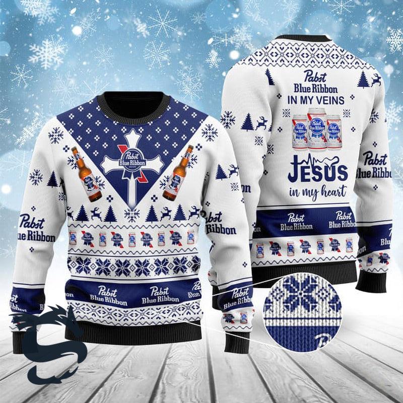 Pabst Blue Ribbon In My Veins Jesus In My Heart Ugly Christmas Sweater, Pabst Blue Ribbon Beer Ugly Sweater, All Over Print Crewneck Ugly Sweaters